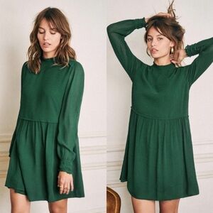 Sezane Odile Silk Mini Dress FR 40 US 8 Emerald Green Button Neck Cuffs